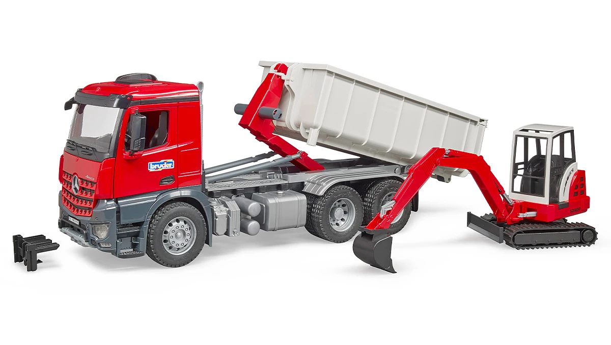 Bruder - Camion MB Arocs avec conteneur déroulant et mini-pelle Schaeff