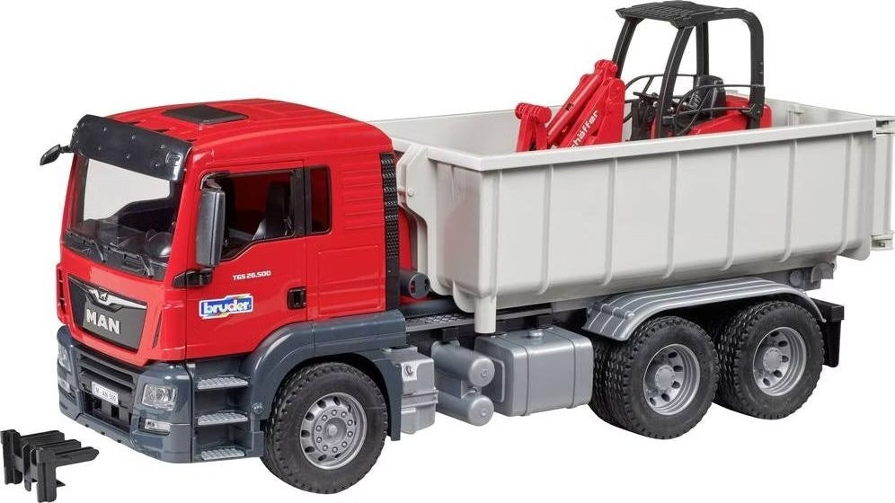 Bruder - Camion MB Arocs avec conteneur déroulant et mini-pelle Schaeff