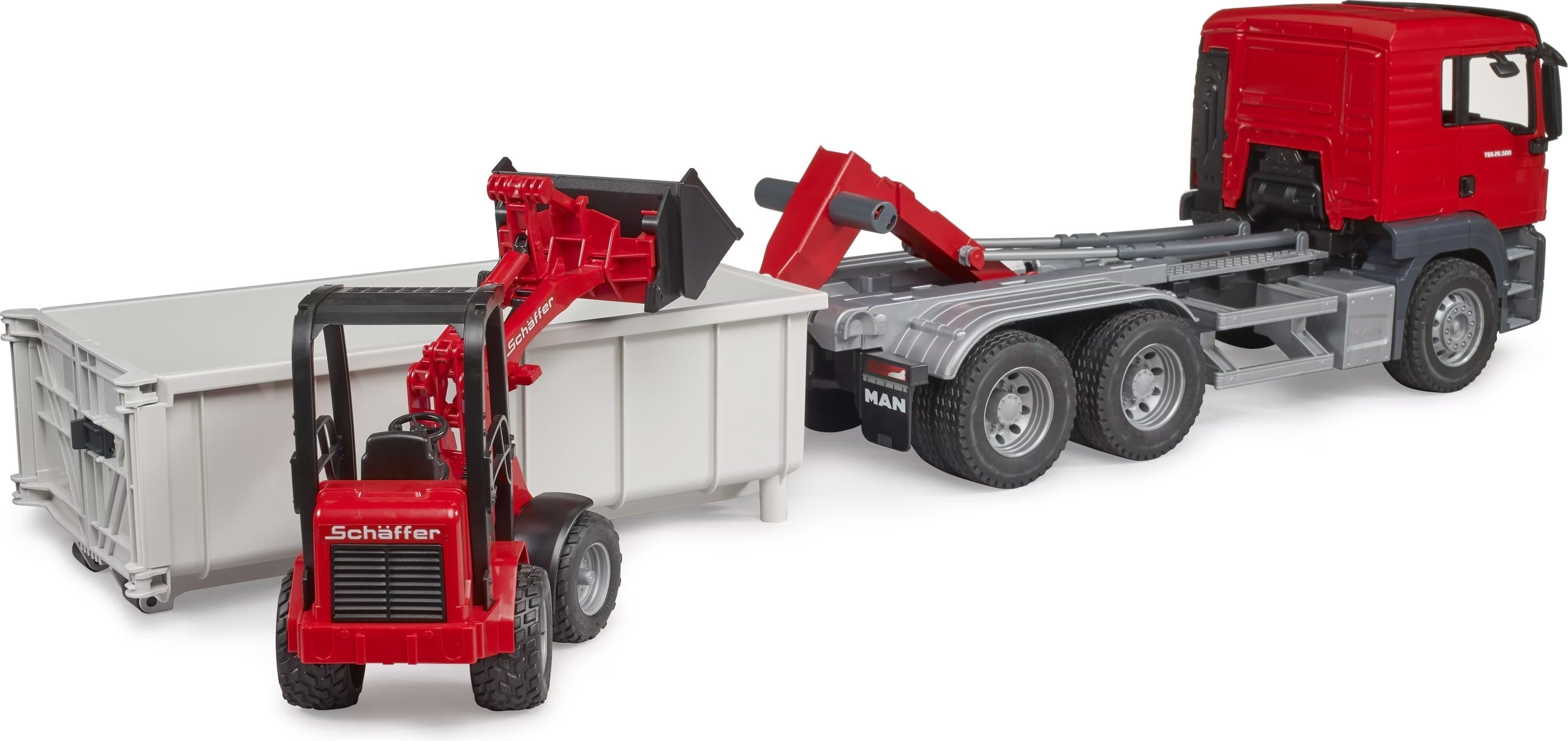 Bruder - Camion MB Arocs avec conteneur déroulant et mini-pelle Schaeff