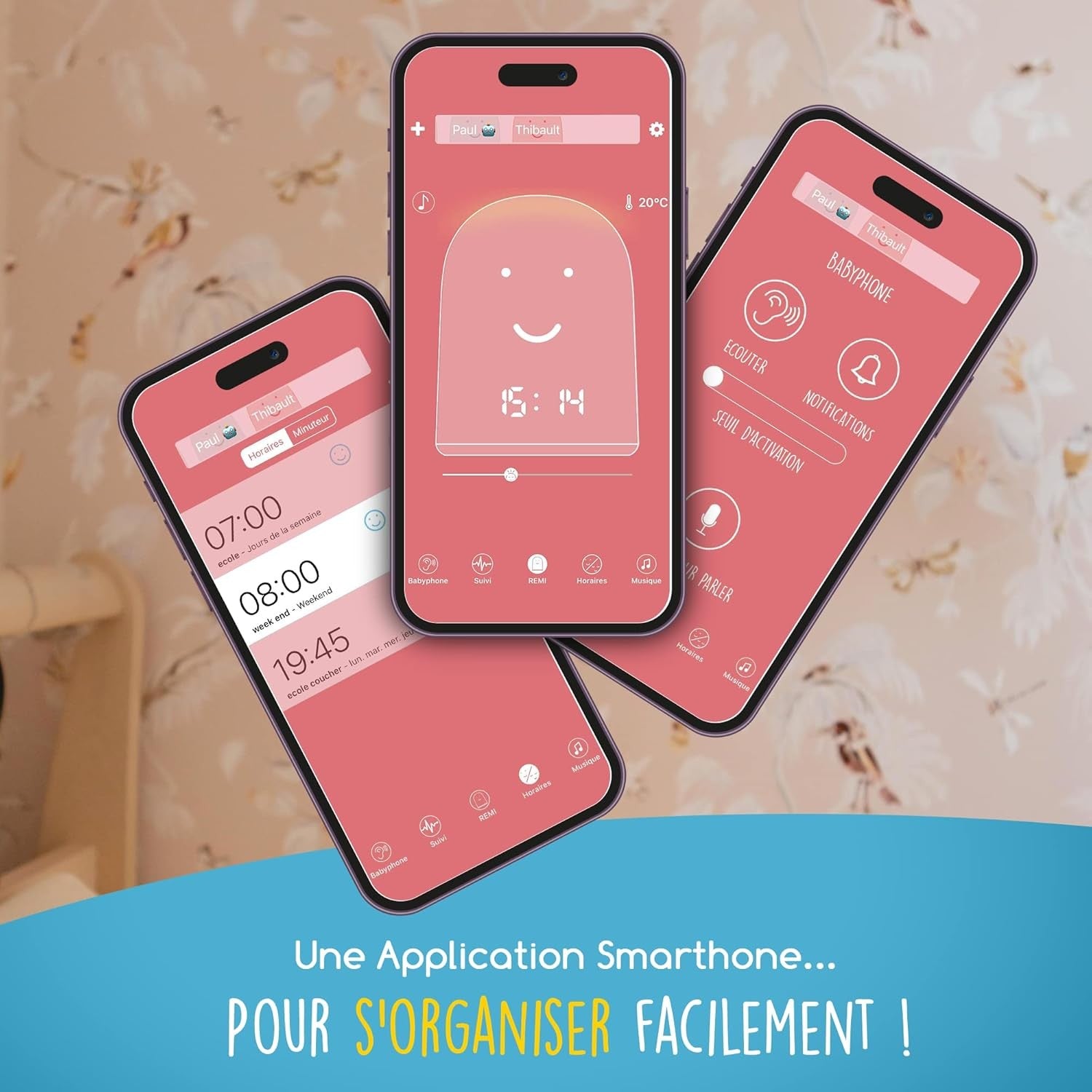 UrbanHello - REMI, réveil intelligent, veilleuse et babyphone multifonctions, rose